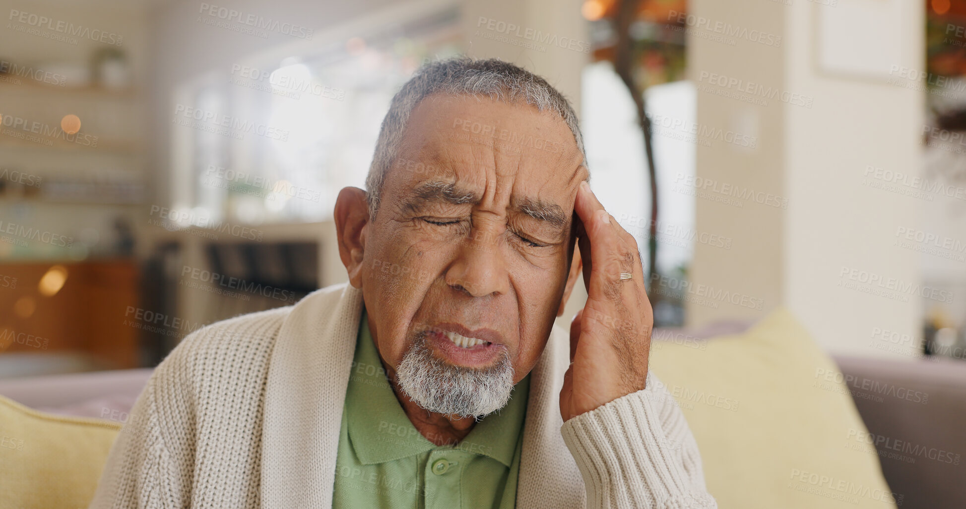 Buy stock photo Home, senior man and headache on couch for stress, emotional distress and temporal vertigo. Living room, sofa and old person with pain, migraine and anxiety for overthinking in retirement in house