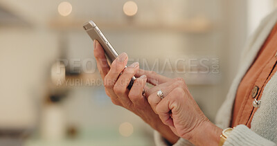 Buy stock photo Home, hand and elderly woman with phone for internet, communication and learning on technology. House, network and senior person with smartphone for online media, information and digital news website