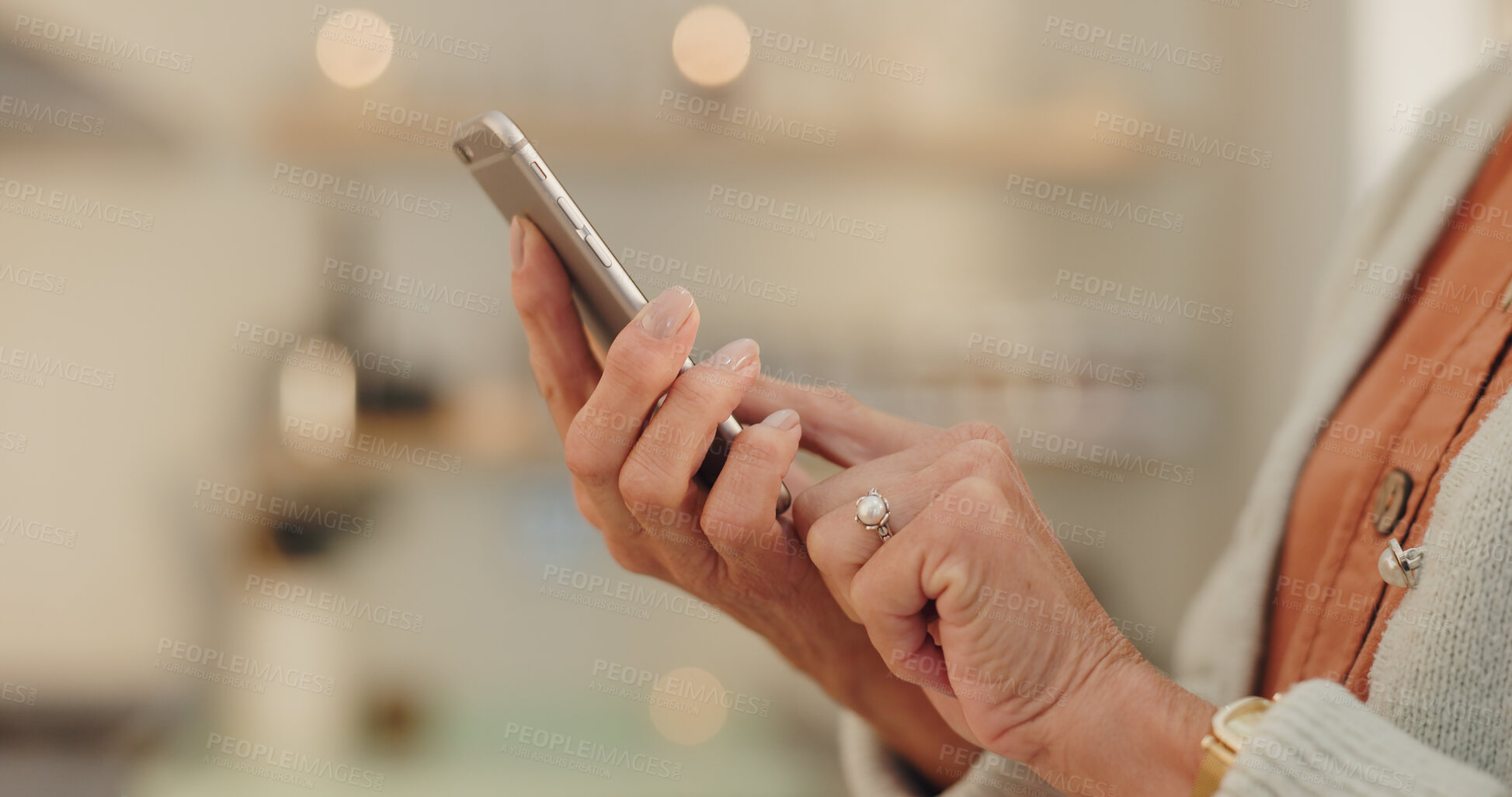 Buy stock photo Home, hand and elderly woman with phone for internet, communication and learning on technology. House, network and senior person with smartphone for online media, information and digital news website