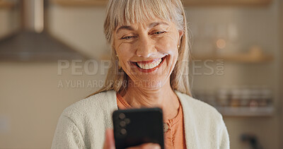 Buy stock photo Home, smile and elderly woman with phone for network, communication and reading online news. House, internet and senior person with smartphone for digital media, information and website connectivity