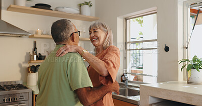 Buy stock photo Senior couple, love and dancing in kitchen for retirement and healthy relationship with romance. Interracial marriage, old man and woman with dance steps in home for support and happiness together