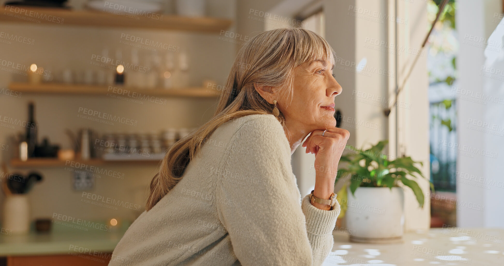 Buy stock photo Window, smile and elderly woman with thinking at home for retirement, satisfaction and peace on weekend. Relax, senior person and calm with idea for reflection, mindfulness and good memory in house