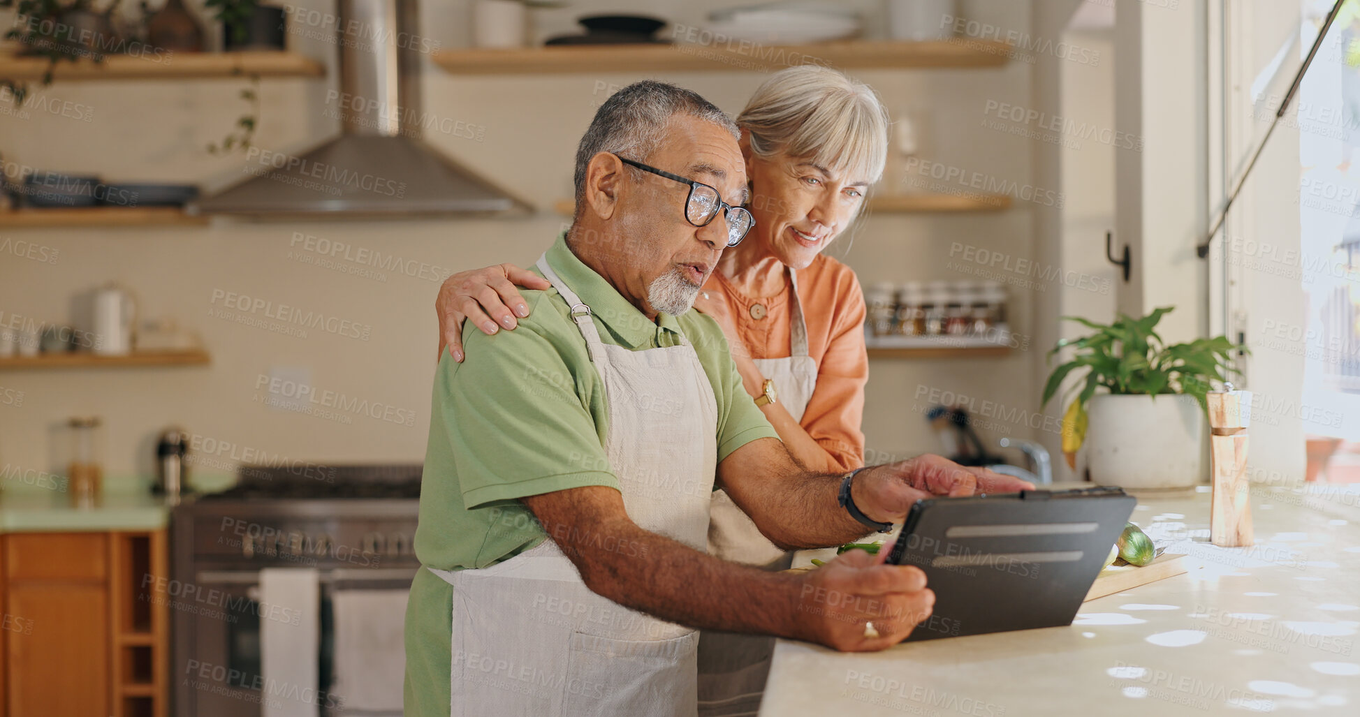 Buy stock photo Home, senior couple and tablet for recipe, ingredients or instructions for vegan food. Kitchen counter, woman or man in marriage with digital app, meal prep or healthy diet to prepare with scroll