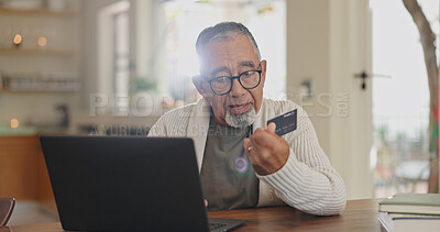 Buy stock photo Credit card, ecommerce or old man banking on laptop, internet or web for mortgage, bills or payment in lounge. Senior, home or elderly person for online shopping deal or retirement investment plan
