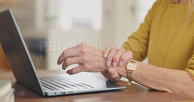 Buy stock photo Arthritis, wrist pain and senior person with laptop after typing, browsing and scrolling in home. Desk, computer and hands with osteoporosis, bruise muscle and carpal tunnel as crisis in house