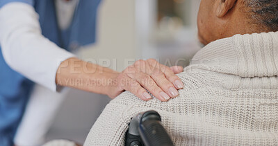 Buy stock photo Senior care, support or hand of nurse with person for healthcare service, wellness or empathy. Wheelchair, disability advice and caregiver helping for comfort or patient for medical check or nursing