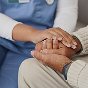 Senior care, support or nurse holding hands with person for healthcare ...