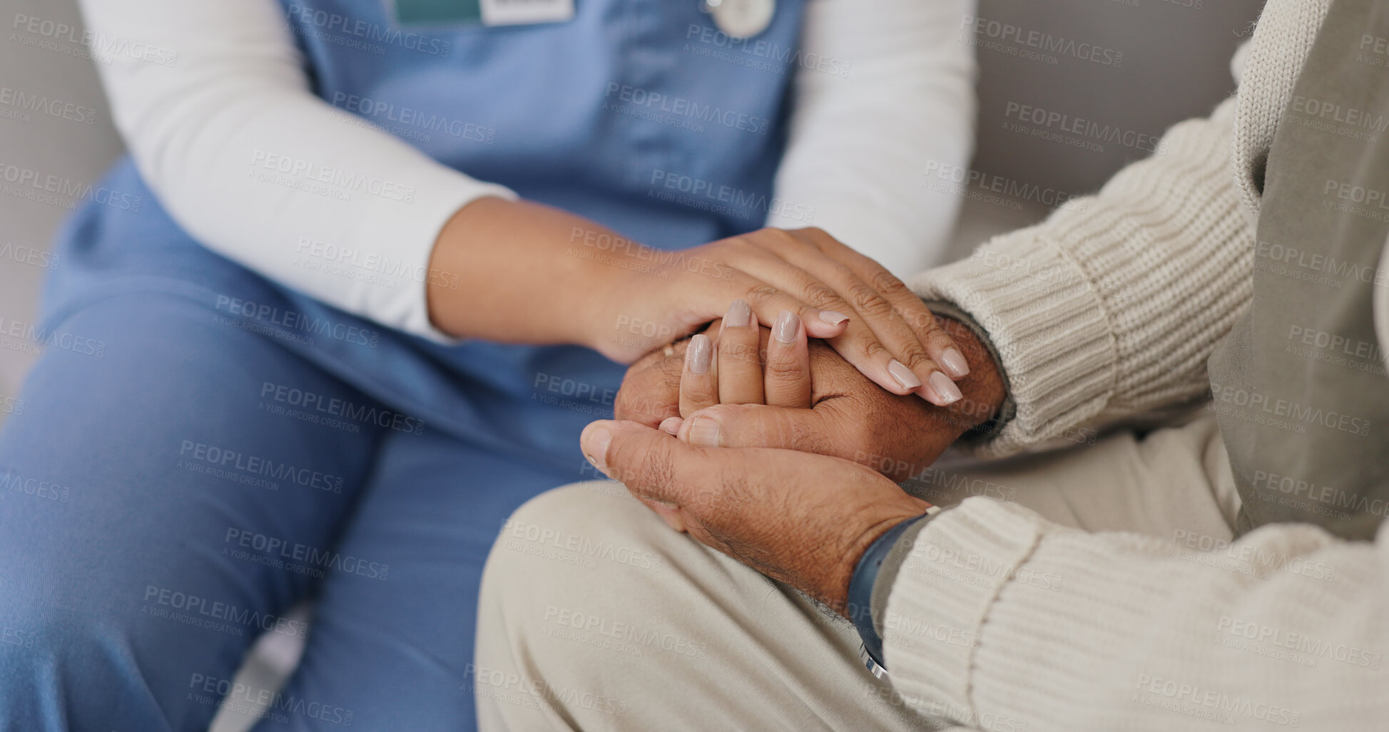 Buy stock photo Senior care, support or nurse holding hands with person for healthcare service, wellness or empathy. Sympathy, closeup and caregiver helping for comfort, trust or patient for medical check or nursing