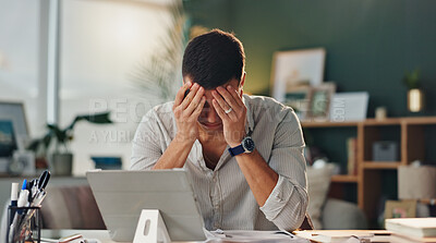 Buy stock photo Headache, stress and businessman with tablet in office for internet error, project disaster and frustrated for brain fog. Male person, migraine pain and digital tech for 404 glitch and email mistake