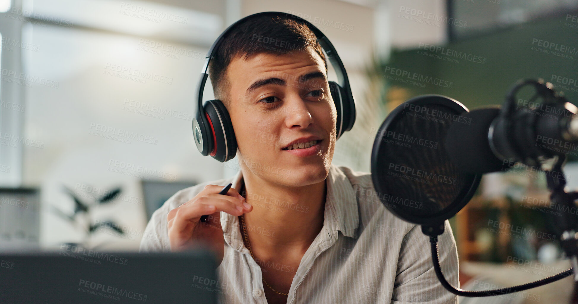 Buy stock photo Podcast microphone, headphones and man speaking for broadcast with audio recording and virtual discussion for talk show. Gen z guy, home studio and radio presenter with talking for online news update