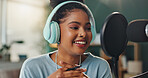 Podcast microphone, headphones and black woman speaking for broadcast with audio recording and hosting talk show. Gen z, African girl and radio dj with virtual chat in home studio for announcement