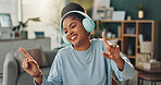 Headphones, smile and woman with dance in home for online audio, subscription and listening to music. Happy, person and technology with internet in house for radio, streaming service or entertainment