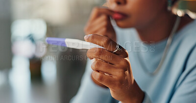 Buy stock photo Stress, check pregnancy test and hands of woman for infertility crisis, anxiety and bad news in bathroom. Female person, upset and stick for pregnant result with feeling scared and regret for mistake