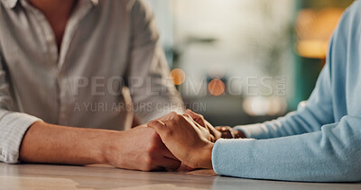 Buy stock photo Couple, holding hands and support in relationship with empathy, gratitude and trust in marriage in home. People, love and emotional healing with commitment, care and respect for counseling and trauma