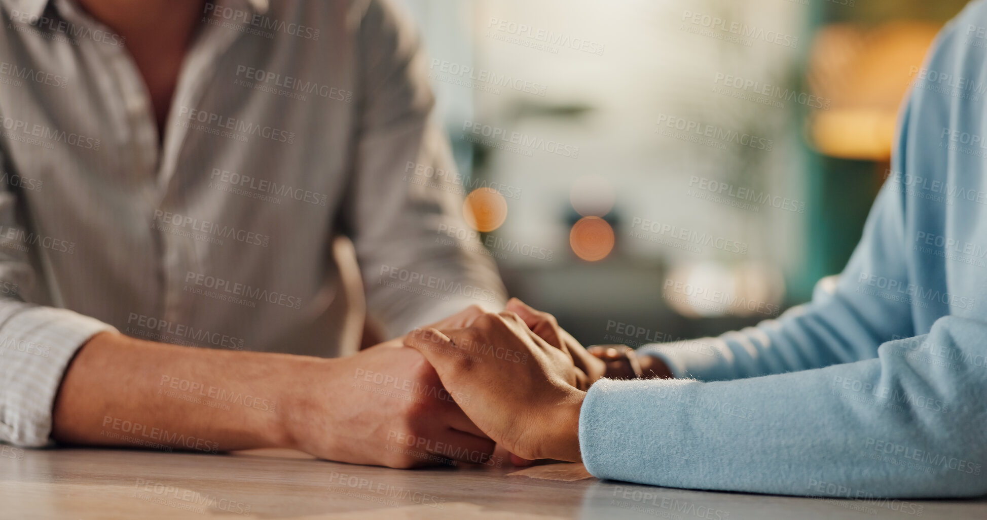 Buy stock photo Couple, holding hands and support in relationship with empathy, gratitude and trust in marriage in home. People, love and emotional healing with commitment, care and respect for counseling and trauma