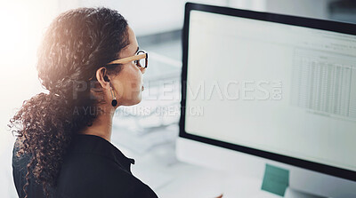 Buy stock photo Computer screen, financial advisor and woman in office for data analytics, accounting or profit growth. Business, spreadsheet or consultant with technology for investment, trading or finance advice