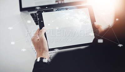 Buy stock photo Blank screen, tablet and hands with networking, ux design and connection overlay at office. Mockup, person and web app developer with digital research, technology and social media display update