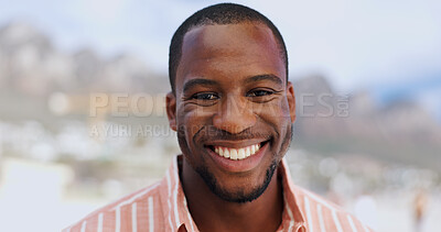 Buy stock photo Face, black man and happy at beach on portrait for holiday, break and fresh air on day off. Smile, outdoor and confident in ocean on vacation as traveler for tour, trip and journey to explore