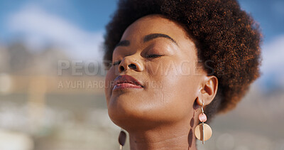 Buy stock photo Breathing, fresh air and black woman outdoor for wellness, zen and calm in nature of Jamaica and travel. Peace, mindfulness and vacation in island to refresh, paradise and meditation for girl