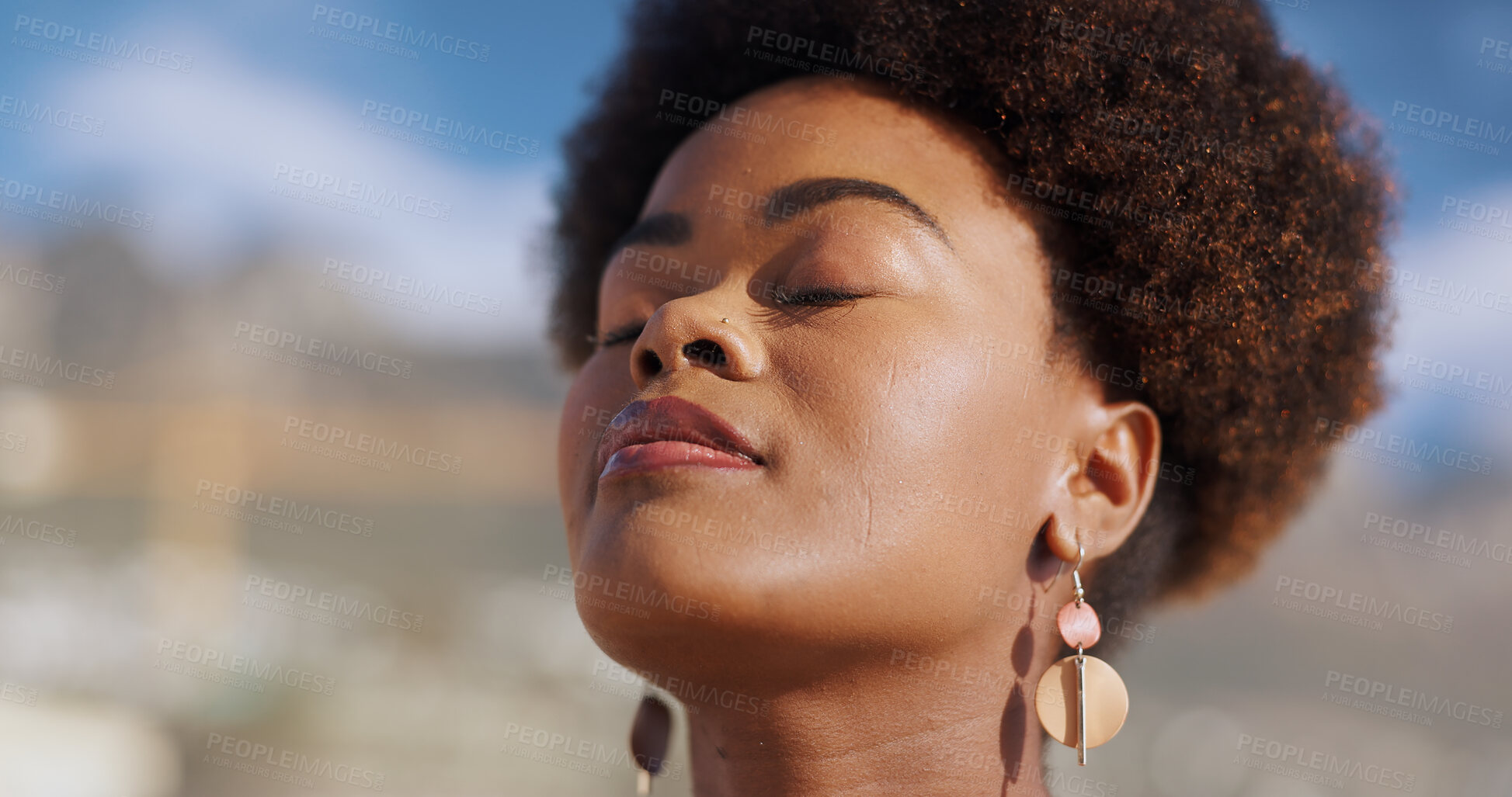 Buy stock photo Breathing, fresh air and black woman outdoor for wellness, zen and calm in nature of Jamaica and travel. Peace, mindfulness and vacation in island to refresh, paradise and meditation for girl