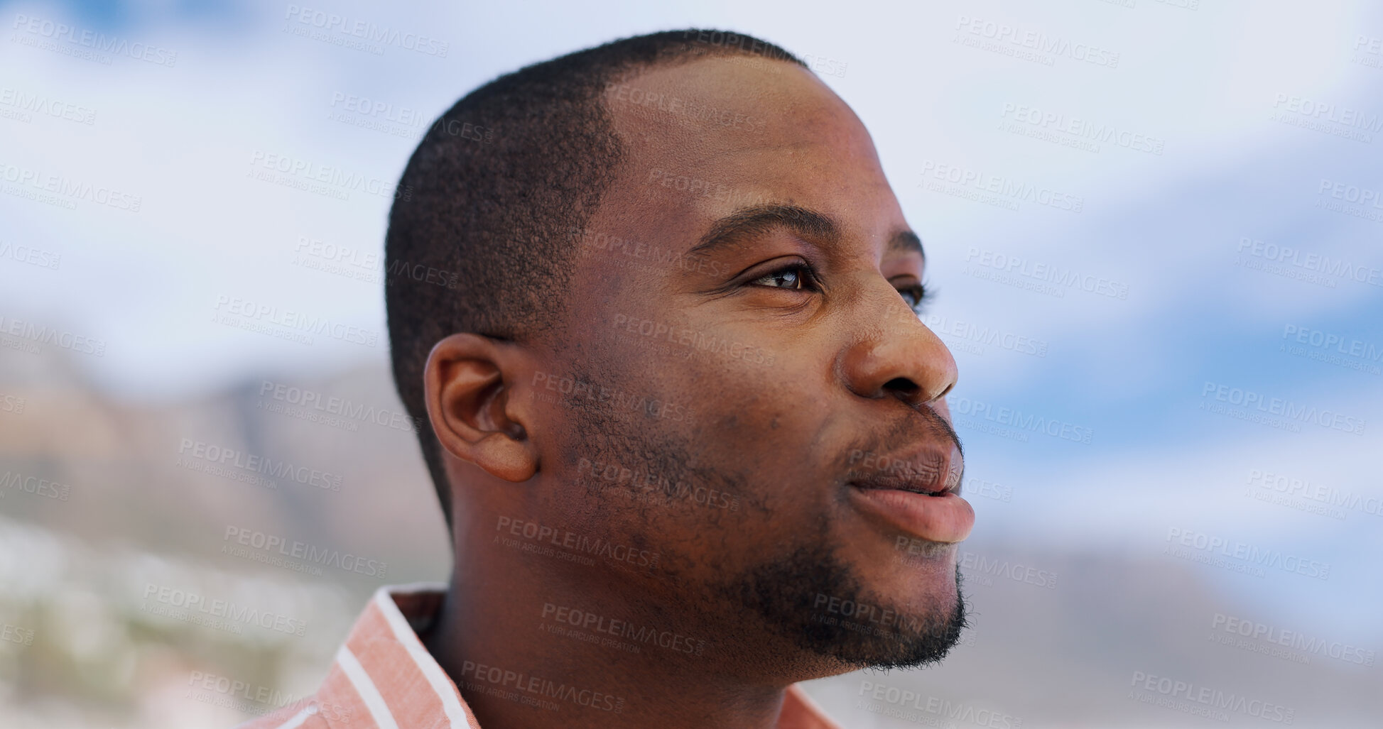 Buy stock photo Face, black man and thinking at beach on calm for holiday, break and fresh air on day off. Thoughts, outdoor and memories in ocean on vacation as traveler for tour, trip and journey to explore