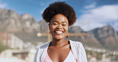 Buy stock photo Black woman, portrait and happy at beach for holiday, break and fresh air on day off in Atlanta. Smile, outdoor and confident in seaside on vacation as traveler on tour, trip and journey to explore