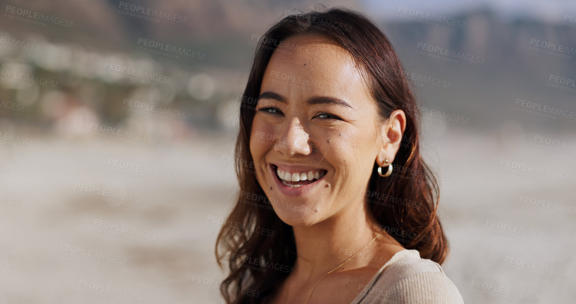 Buy stock photo Asian woman, portrait and happy at beach for holiday, break and fresh air on day off in Atlanta. Smile, outdoor and confident in seaside on vacation as traveler on tour, trip and journey to explore