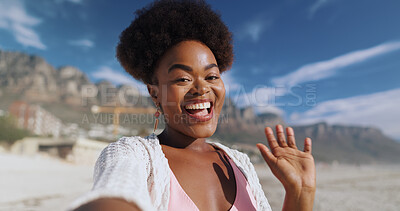 Buy stock photo Outdoor, portrait and hand of black woman in video call, visual communication and greeting in beach. Female person, influencer and waving in social media, vlogging and hello on vacation in California