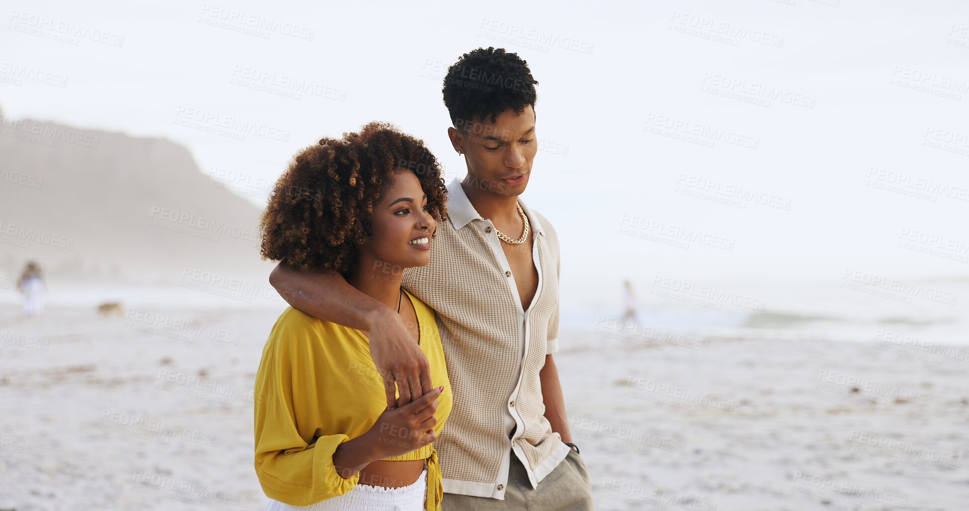 Buy stock photo Couple, walking and together on beach outside, bonding and relationship commitment on weekend break with trust. Love, happiness and conversation on seashore in summer, dating and romance with people