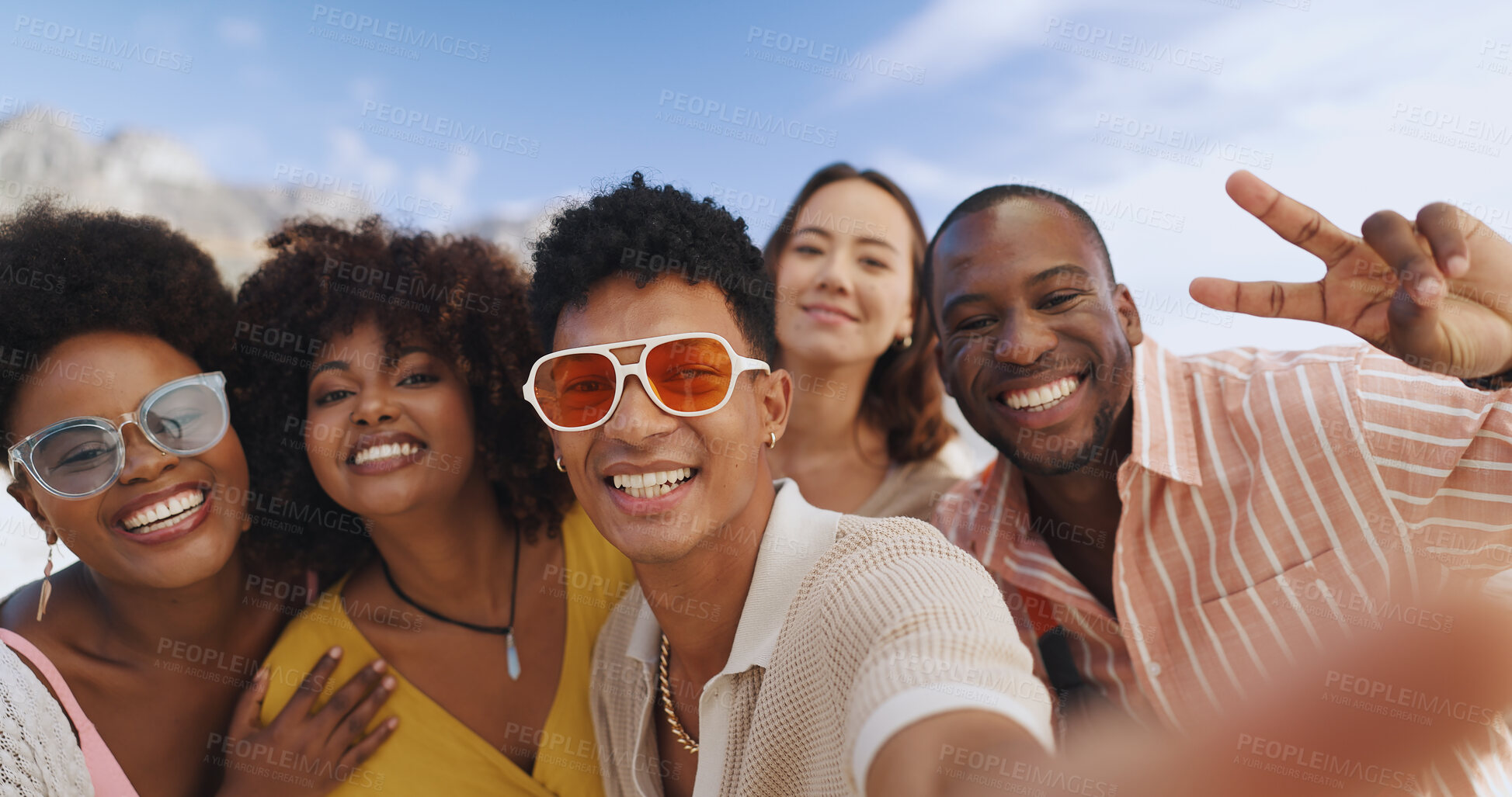 Buy stock photo Happy, group and friends for selfie outdoor for streetwear photography, profile picture post or social media memory. Smile, diversity and people for fashion sunglasses, travel and  bonding of reunion