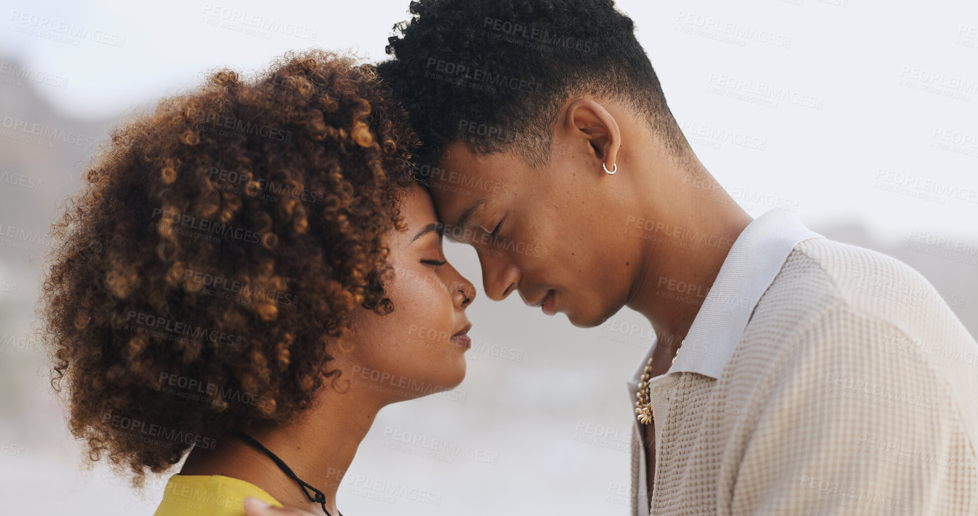Buy stock photo Outdoor, love and couple with forehead touch, peace or gesture of connection, bonding or respect. Nature, woman and man with trust in relationship, comfort or commitment of support or date in Jamaica