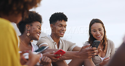 Buy stock photo Friends, relax and outside with group on smartphone, people and social media discussion for internet post, Website, scrolling and connection app, happy meme and summer break or gossip together