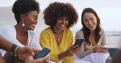 Buy stock photo Friends, relax and outside with woman on smartphone, people and social media discussion for internet post, Website, scrolling and connection on app, happy meme and summer break or gossip together