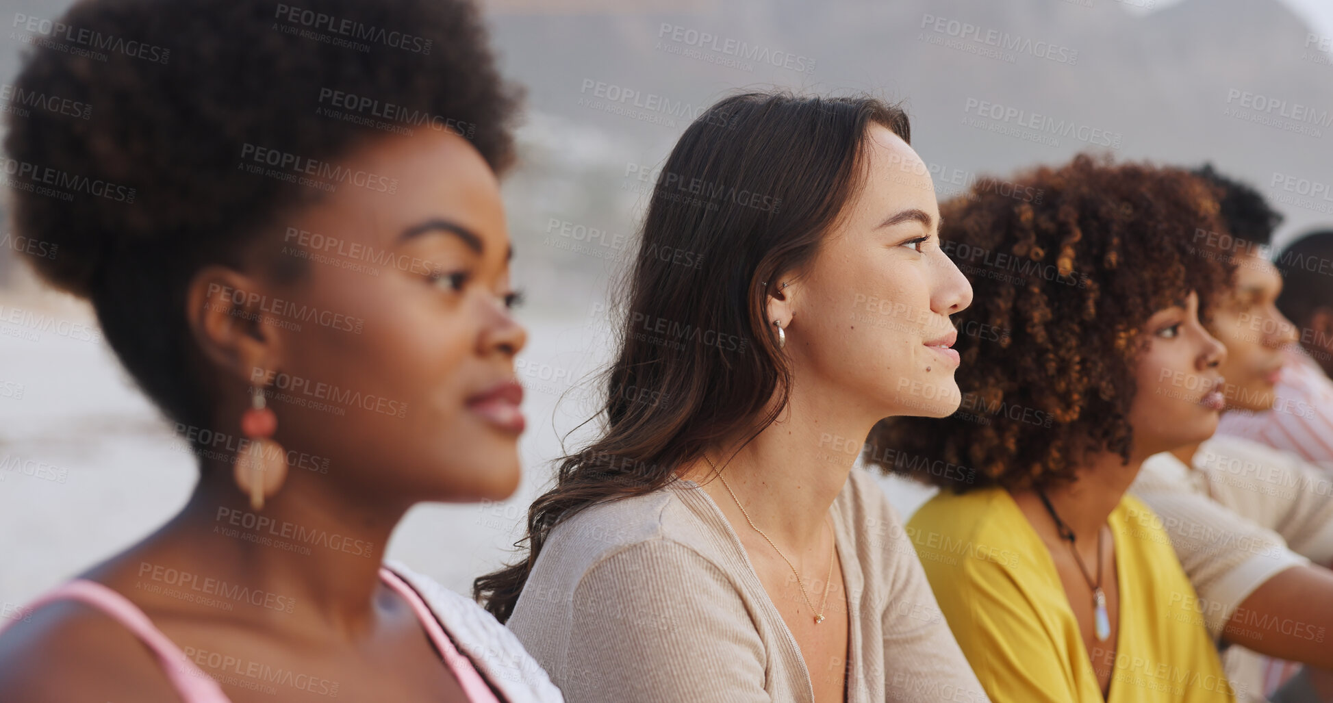 Buy stock photo Calm, friends and diversity at beach for vacation, adventure and watching sunset together. Summer, thinking and people in nature for relax, community and memory for international travel to Thailand