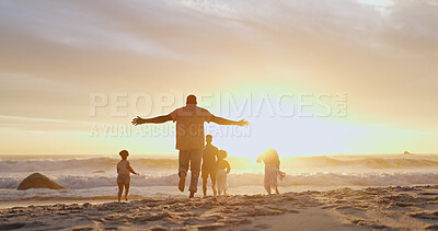 Buy stock photo People, friends and running on beach for freedom, outdoor adventure and group happiness on summer vacation. Carefree, back and youth energy with seaside fun, excited and sunset on holiday for weekend