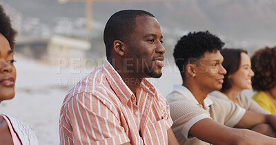 Buy stock photo Relax, friends and view at beach for vacation, adventure and watching sunset together. Summer, thinking and diversity in nature with people, community and memory for international travel to Bali