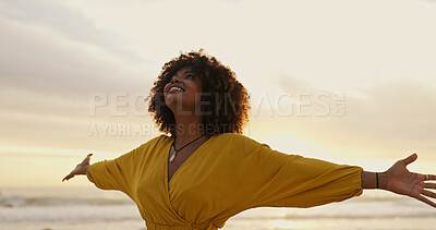 Buy stock photo Sunrise, beach and happy woman for freedom, vacation and holiday weekend in Miami with smile. Ocean, mindfulness and carefree for adventure, peaceful and joy for sea breeze by scenic view outdoor