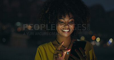 Buy stock photo Woman, phone or night with bokeh reading for travel location, search for gps position to event. Female person, mobile technology or dark evening in outdoor with scroll, social media with notification