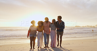 Buy stock photo Beach, portrait and happy friends hug at sunset on vacation, holiday or travel on tropical island. Diversity, men and group of women at sea outdoor for journey, relax and laughing at ocean together