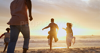 Buy stock photo People, friends and running by ocean for freedom, outdoor adventure and group happiness on summer vacation. Back, beach and youth energy with seaside fun, excited and sunset on holiday for weekend.