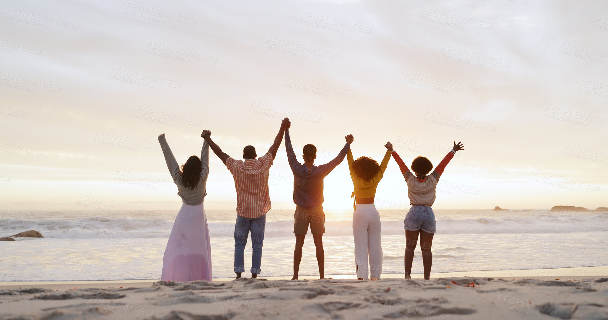 Buy stock photo People, friends and holding hands on beach for freedom, outdoor adventure and happiness on summer vacation. Carefree, back and youth together with seaside fun, united and group on holiday for weekend