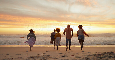 Buy stock photo People, friends and running to sea for freedom, outdoor adventure and group happiness on summer vacation. Beach, back and youth energy with seaside fun, excited and sunset on holiday for weekend.