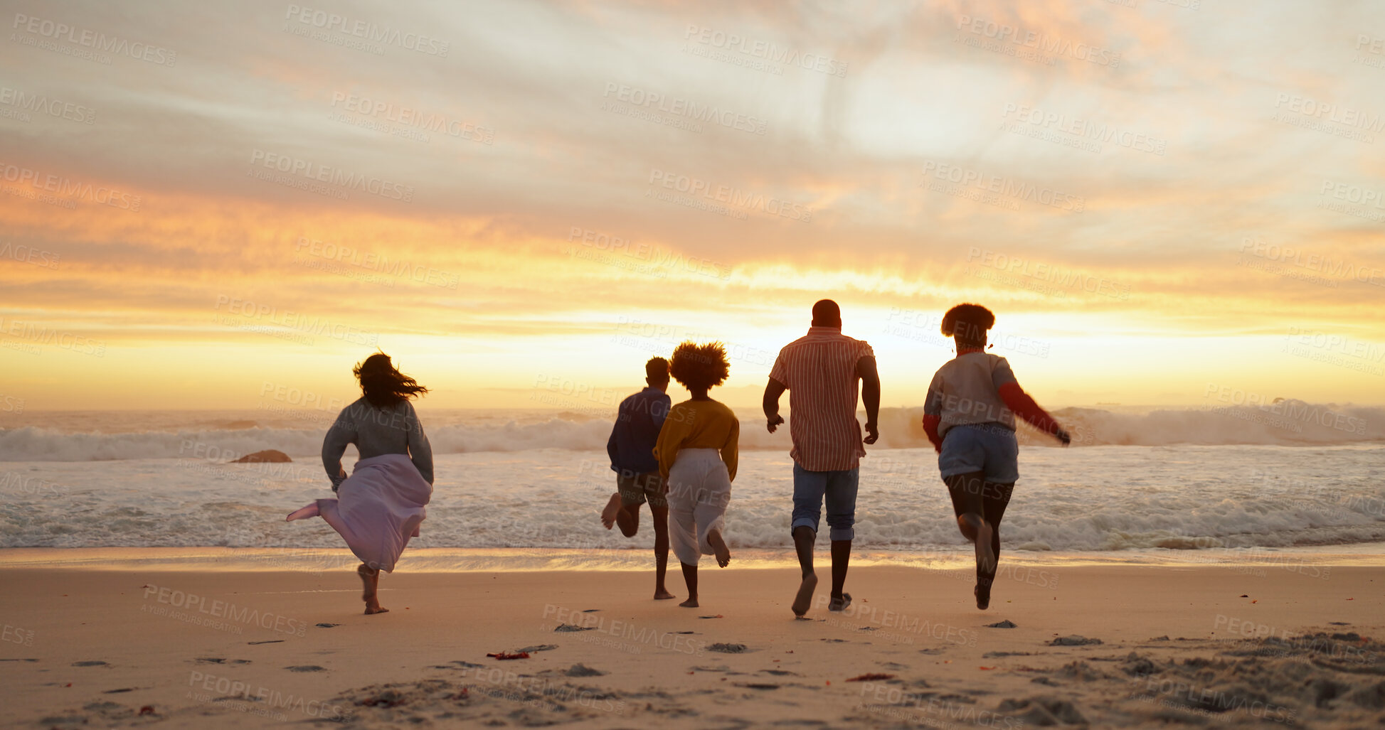 Buy stock photo People, friends and running to sea for freedom, outdoor adventure and group happiness on summer vacation. Beach, back and youth energy with seaside fun, excited and sunset on holiday for weekend.