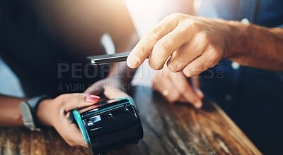 Buy stock photo Hands, people and phone on machine for payment with contactless transaction and checkout at POS. Fintech, cashier and customer with mobile app for easy scan, internet banking and purchase at shop