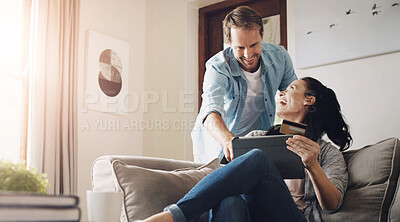 Buy stock photo Happy, couple and tablet with credit card for online shopping, financial payment and e commerce website. Smile, woman and man with digital for bank information, fintech service and bonding at house