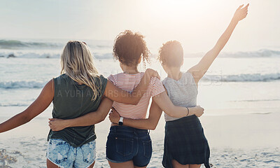 Buy stock photo Women friends, back and hug at beach for summer vacation, adventure together and university break. Female people, group and embrace by ocean with freedom for travel, support and holiday trip in Miami