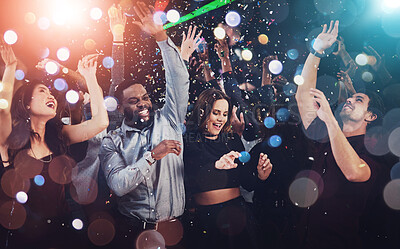 Buy stock photo Bokeh, people and happy in party for New Year celebration with dancing and fun at nightclub. Music, disco lights and excited for festival with entertainment for memories, break and enjoy on gathering