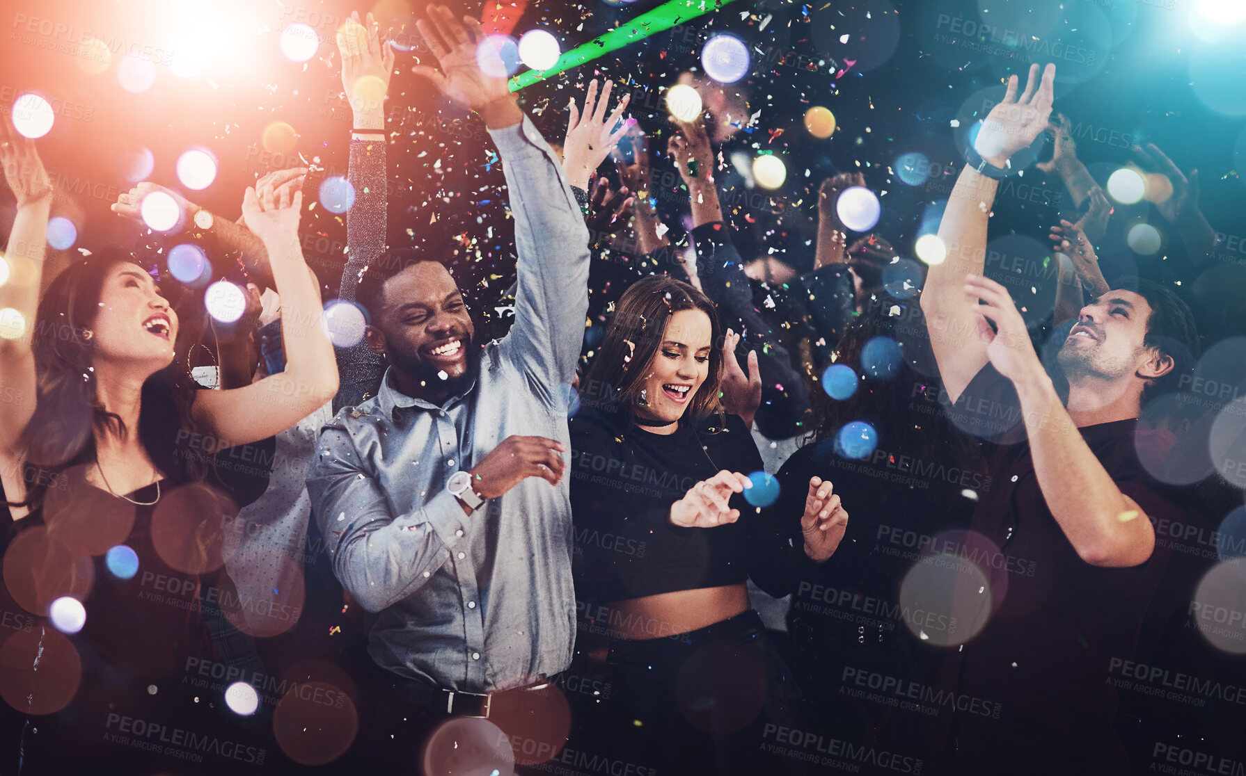 Buy stock photo Bokeh, people and happy in party for New Year celebration with dancing and fun at nightclub. Music, disco lights and excited for festival with entertainment for memories, break and enjoy on gathering