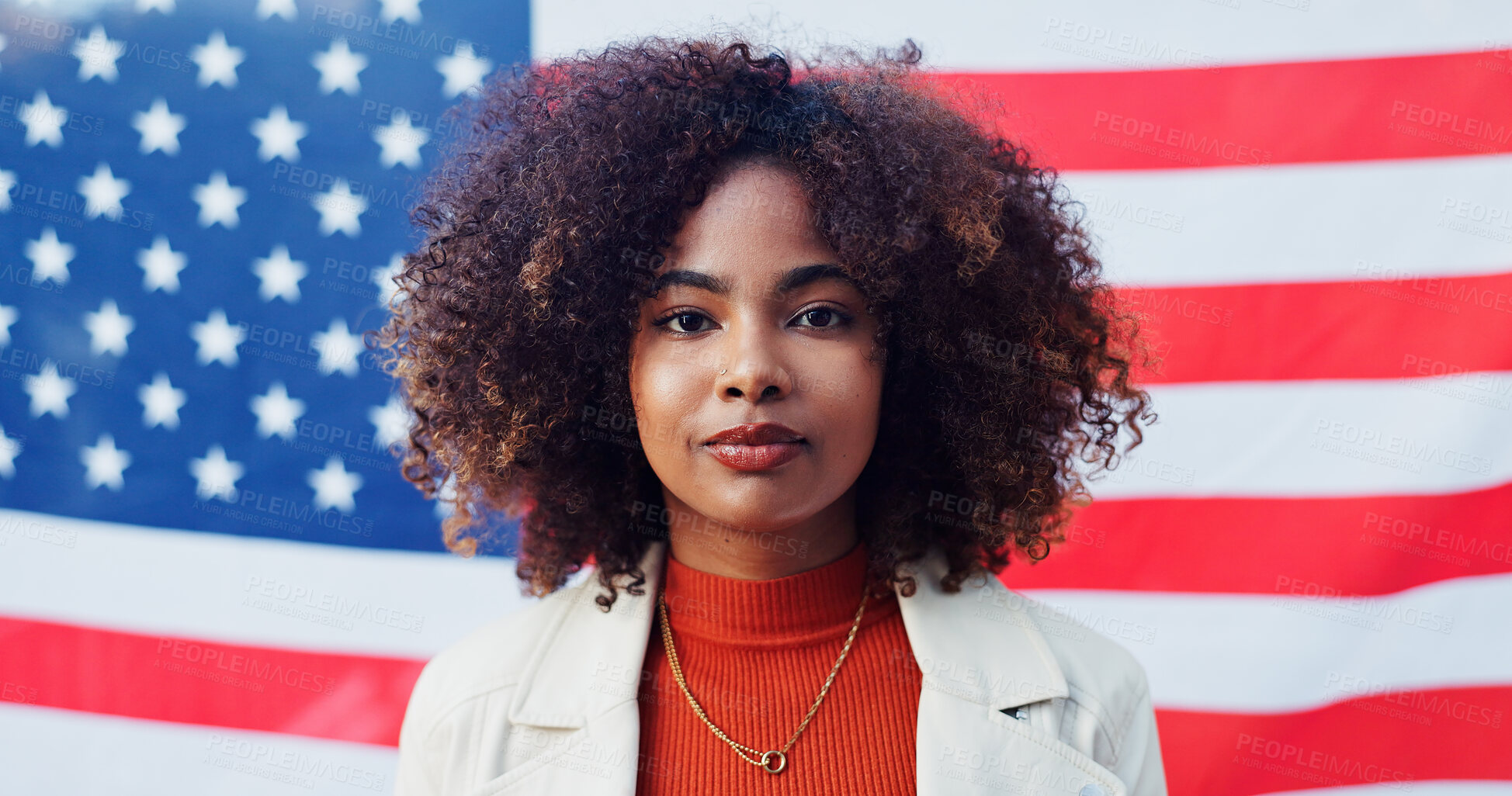 Buy stock photo Black woman, portrait and american flag for support, pride and heritage in background. Vote USA, opinion and patriotism in solidarity, freedom and representation in celebration for human rights