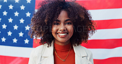 Buy stock photo Black woman, portrait and american flag for independence day, pride and heritage in background. Politics, culture and patriotism in USA, freedom or representation in celebration for human rights